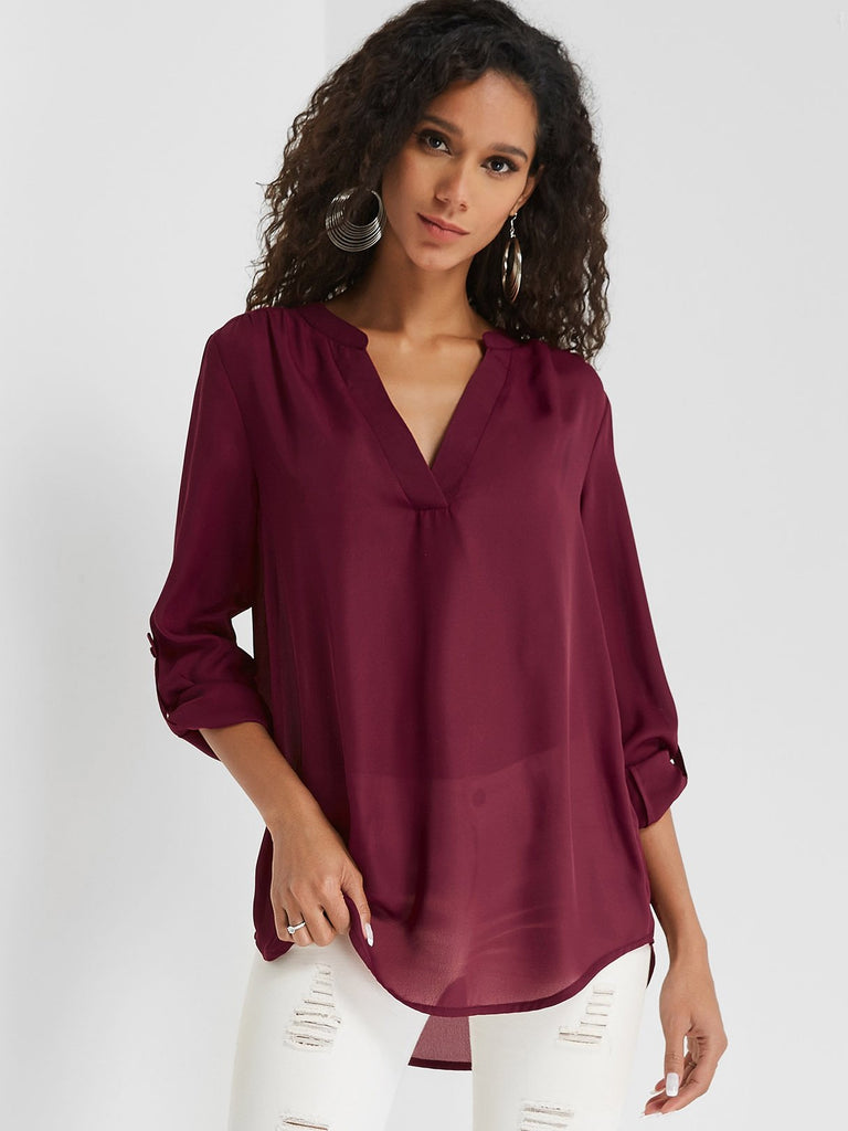 V-Neck 3/4 Sleeve Curved Hem Burgundy Blouses