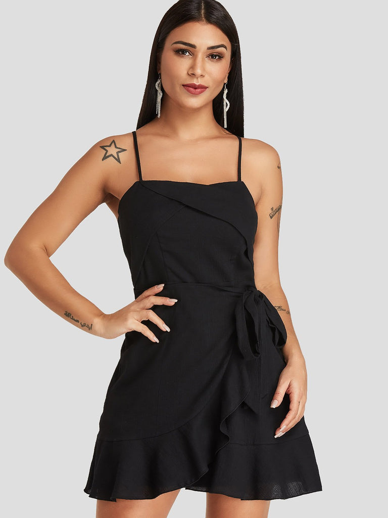 Black Off The Shoulder Sleeveless Plain Backless Spaghetti Strap Self-Tie Ruffle Hem Dresses