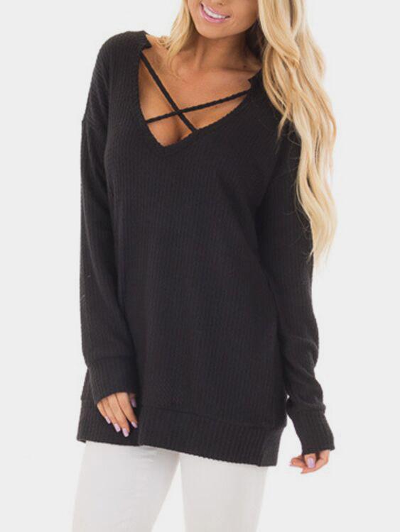 V-Neck Crossed Front Long Sleeve T-Shirts