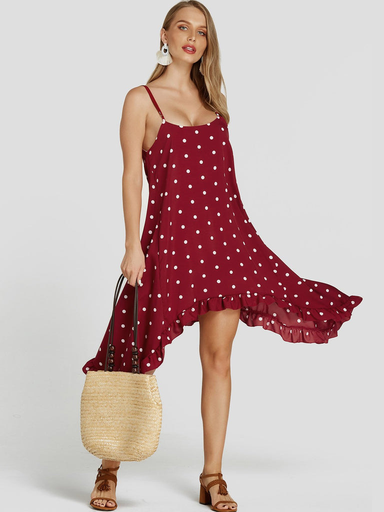 Red Sleeveless Polka Dot Spaghetti Strap Flounced Hem Casual Dresses