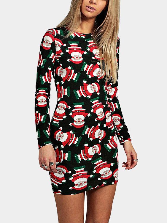 Black Round Neck Long Sleeve Floral Print Dresses