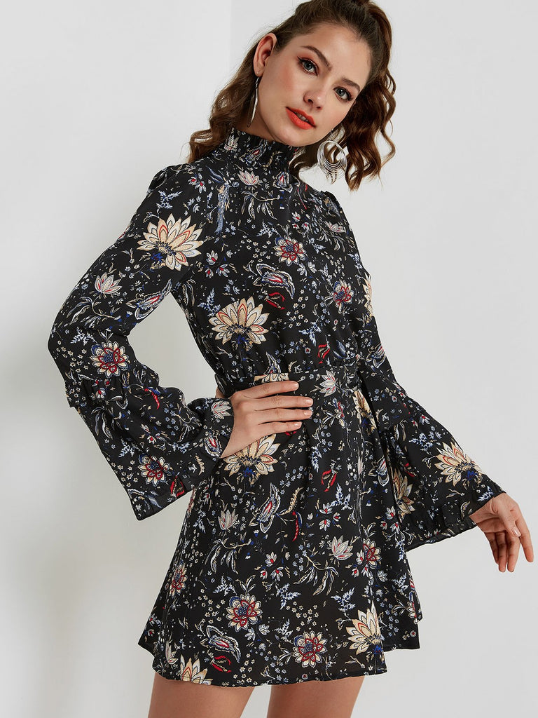 Black Perkins Collar Long Sleeve Floral Print Tiered Lace-Up Mini Dresses