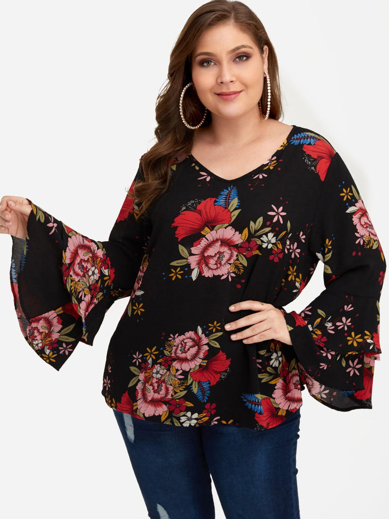 V-Neck Floral Print Long Sleeve Black Plus Size Tops