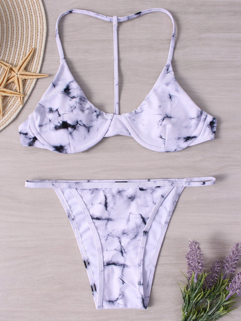 White Deep V Neck Sleeveless Printed Spaghetti Strap Two Piece Bikinis