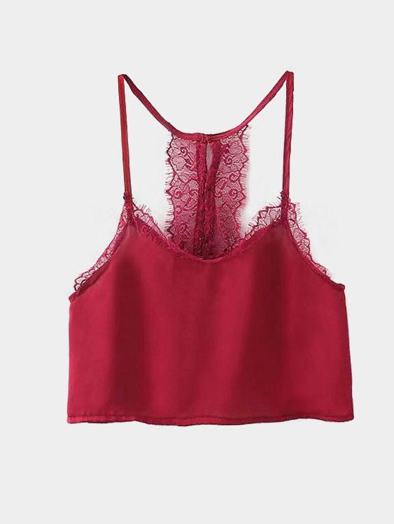 Round Neck Lace Sleeveless Burgundy Camis