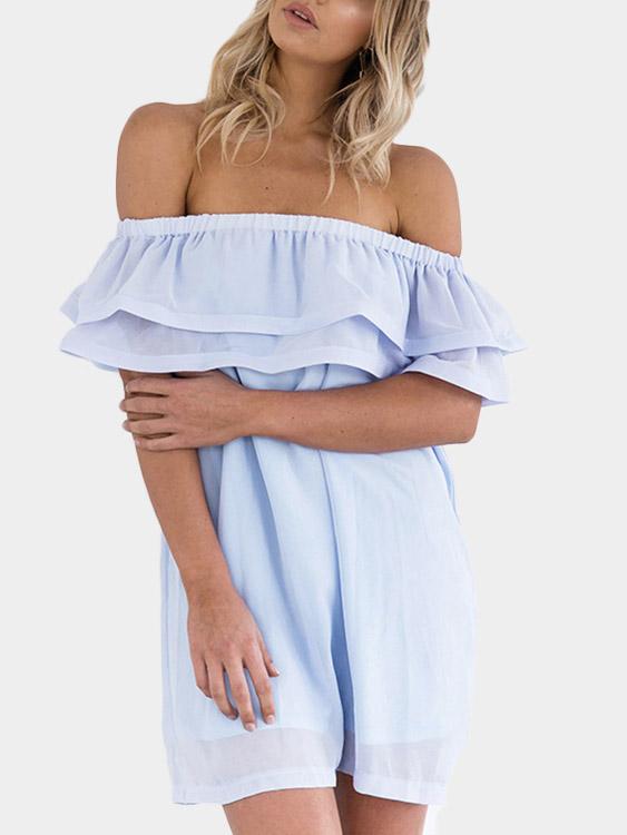 Blue Off The Shoulder Short Sleeve Tiered Backless Sexy Dress