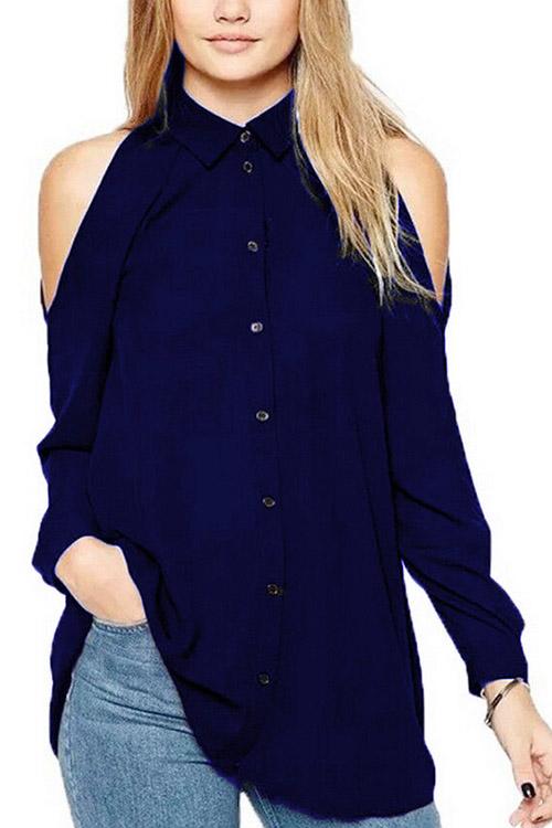 Cold Shoulder Plain Long Sleeve Irregular Hem Navy Blouses