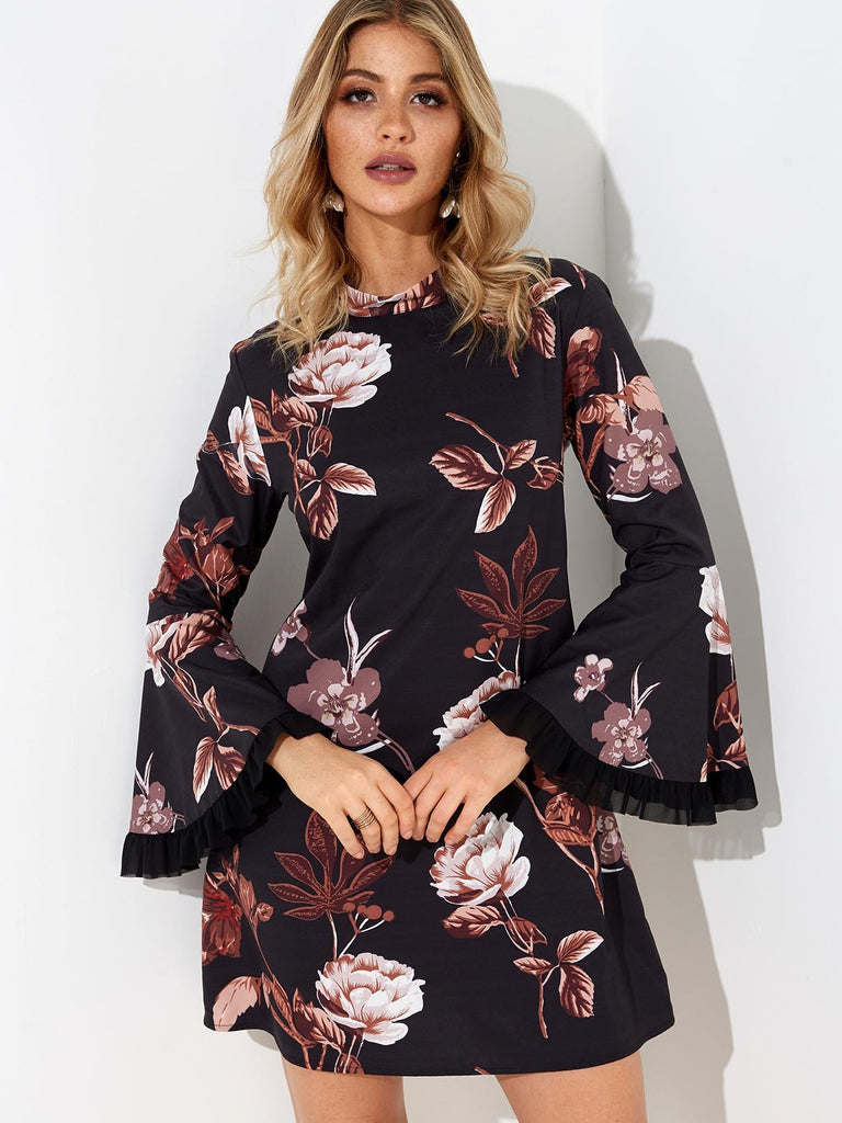 Long Sleeve Floral Print High Waist Dresses