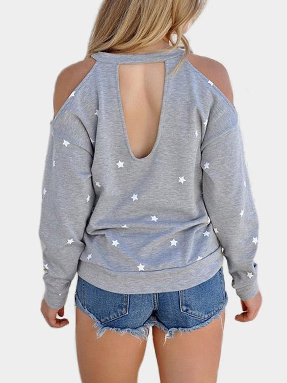 Grey Round Neck Cold Shoulder Long Sleeve Star Backless Cut Out Sweatshirts