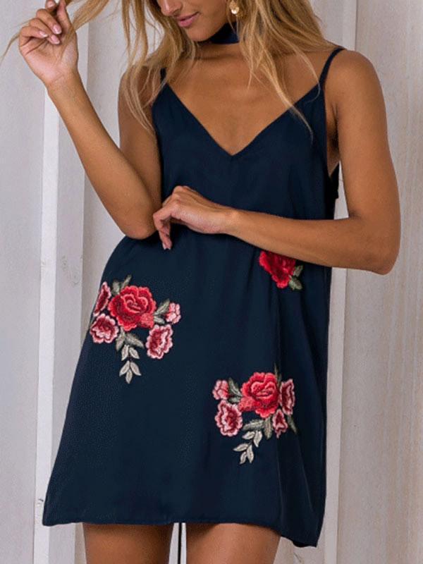 V-Neck Sleeveless Embroidered Mini Dresses