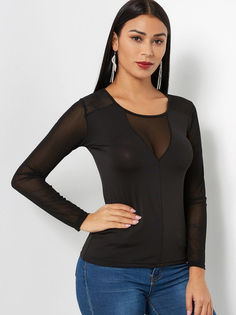 V-Neck Plain Long Sleeve Black T-Shirts