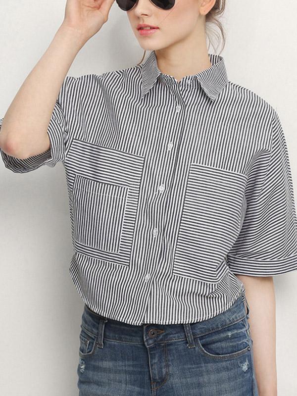 Stripe Pattern Short Sleeve Collar Shirt With Buttons