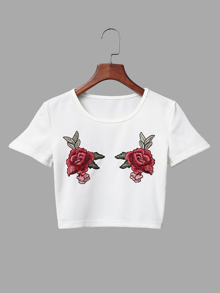 Round Neck Embroidered Short Sleeve White Top