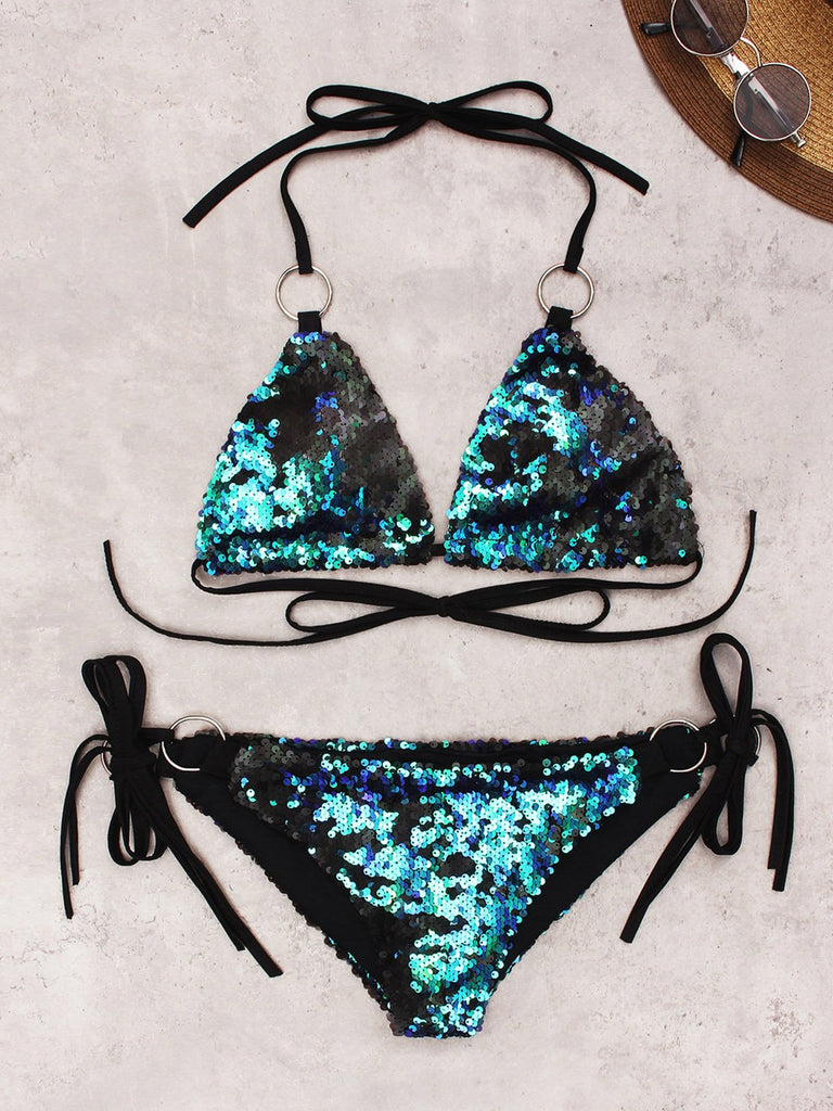 Green Halter Sleeveless Bikinis Set