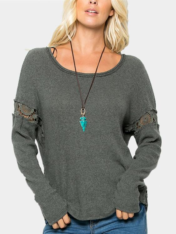Round Neck Lace Hollow Long Sleeve Grey Top
