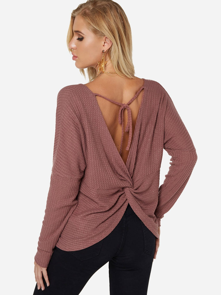 Round Neck Backless Lace-Up Long Sleeve Rust T-Shirts