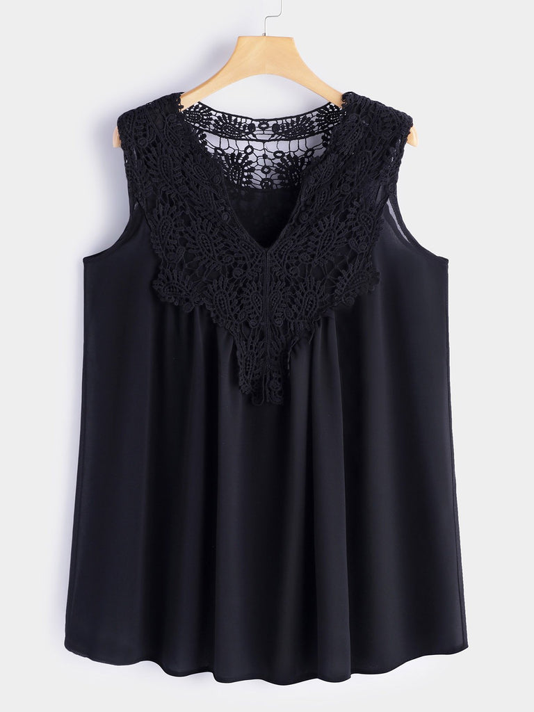 V-Neck Lace Sleeveless Flounced Hem Plus Size Tops