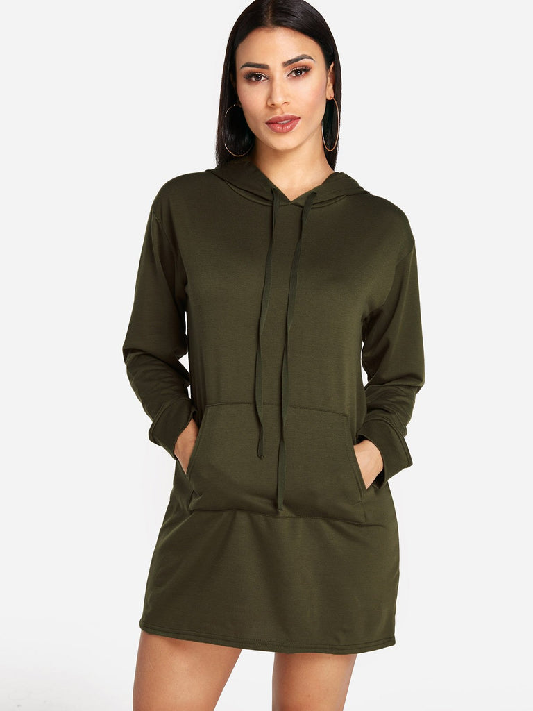 Army Green Pullover Long Sleeve Plain Side Pockets Hooded Shirt Dress