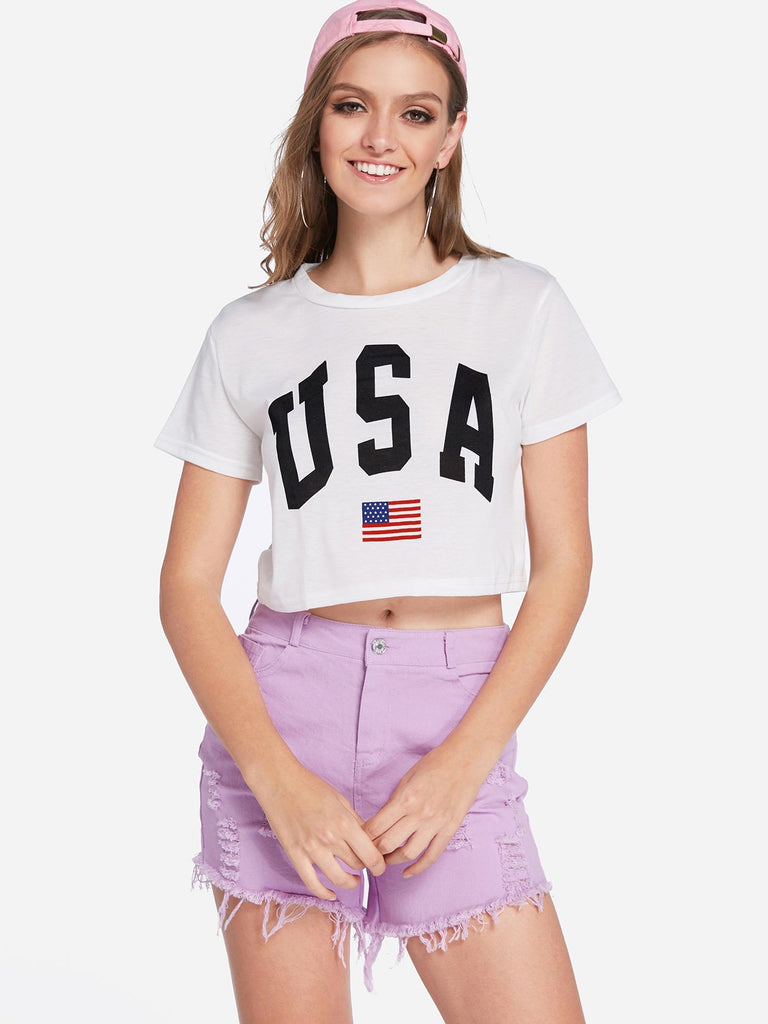 Round Neck Letter Short Sleeve White T-Shirt
