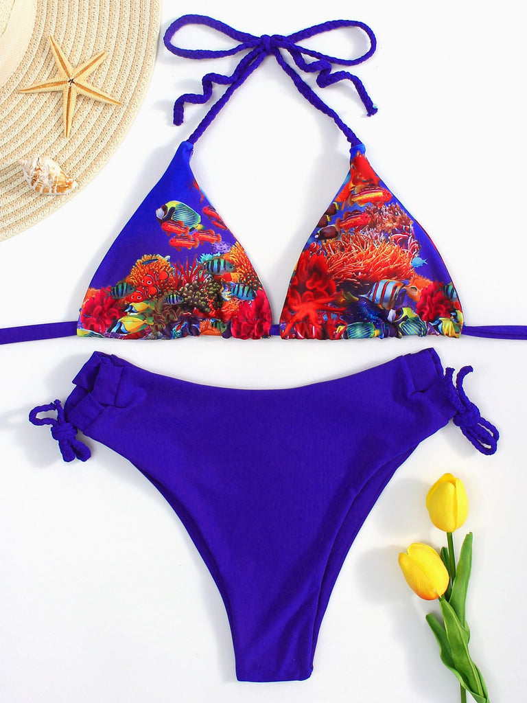 Royal Halter V-Neck Sleeveless Printed Backless Tie-Up Bikinis