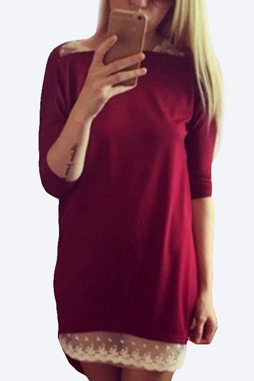 Burgundy Round Neck Long Sleeve Lace Irregular Hem Fashion Mini Dress