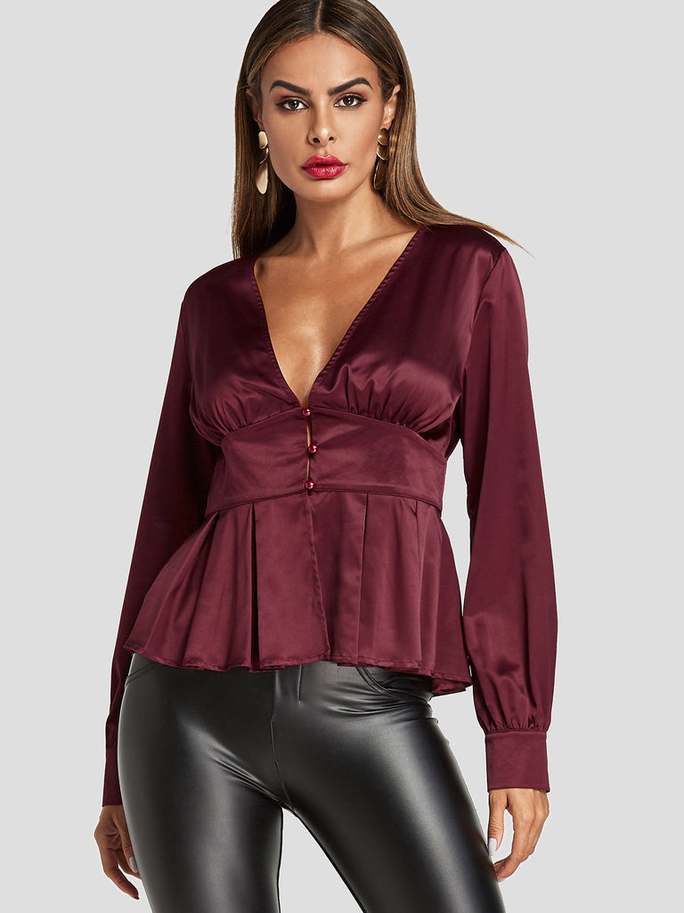 Deep V Neck Pleated Long Sleeve Flounced Hem Burgundy Blouses