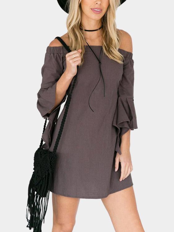 Grey Off The Shoulder 3/4 Length Sleeve Backless Casual Dress