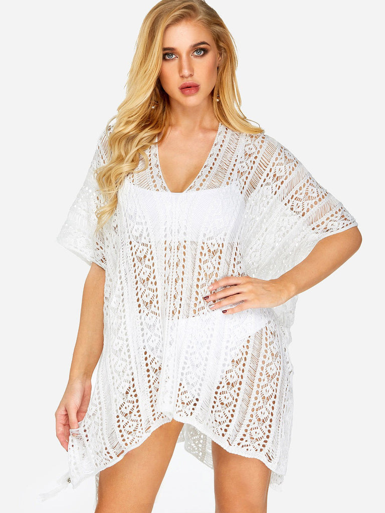 V-Neck Tassel Backless Hollow White Cover Ups Swimwear