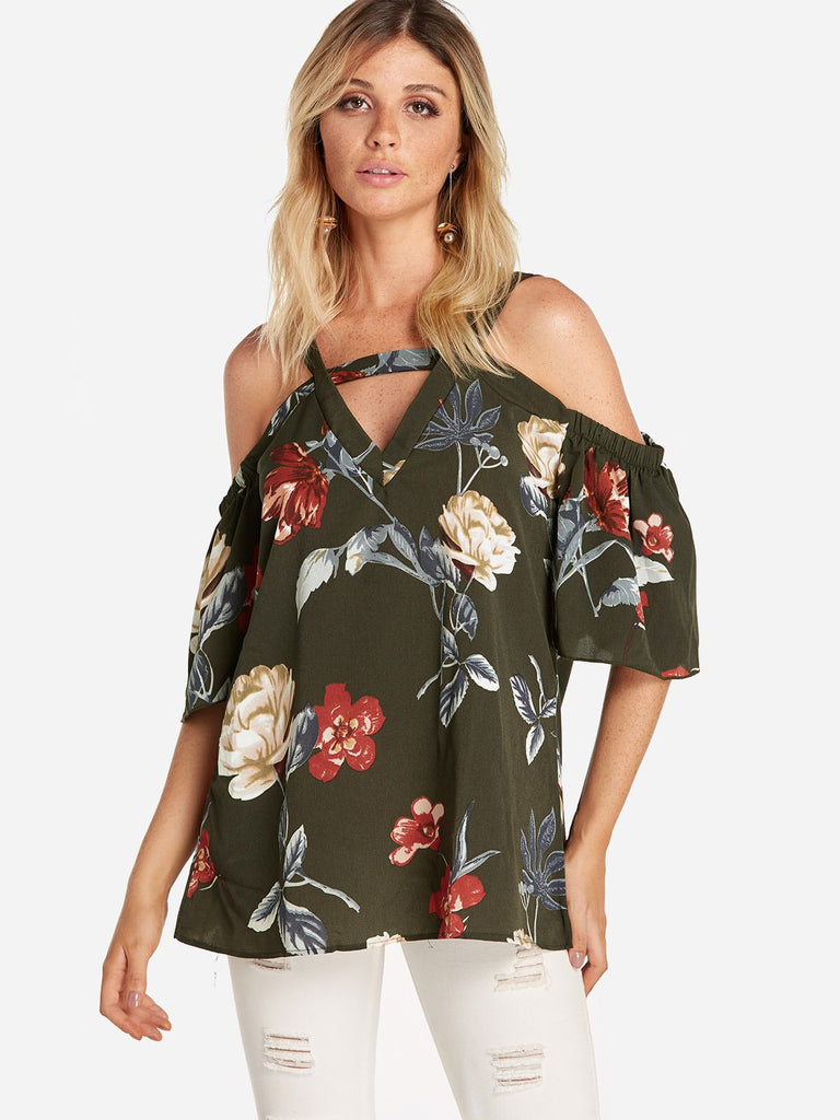 Cold Shoulder Floral Print Cut Out Pleated Half Sleeve Blouses