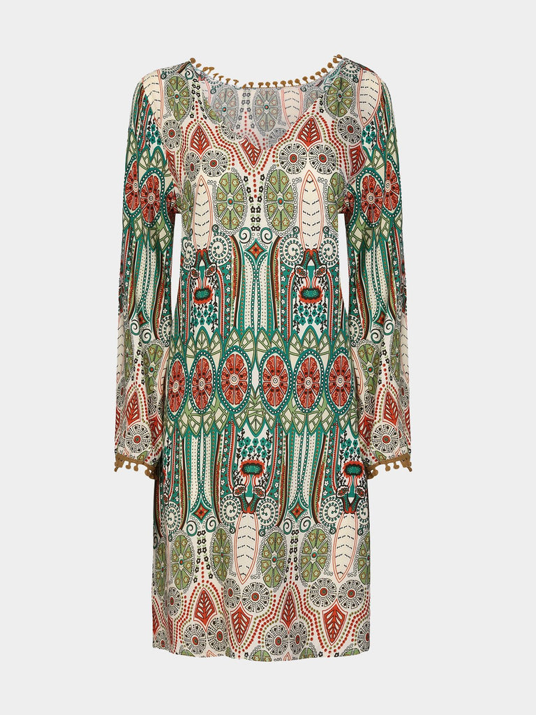 Round Neck 3/4 Length Sleeve Printed Casual Dresses