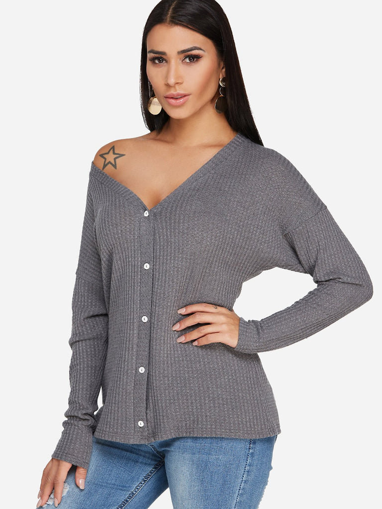 Long Sleeve Fashion V-Neck Grey T-Shirts