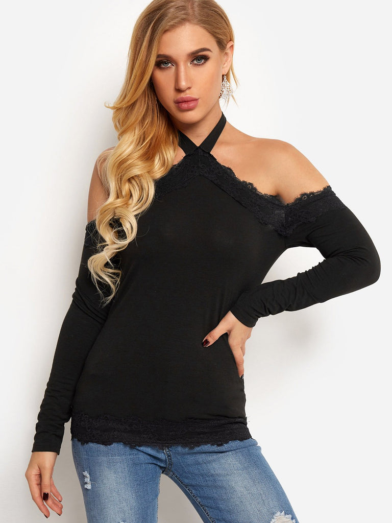 Halter Lace Long Sleeve Black Top