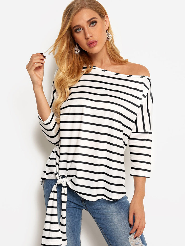 Asymmetrical One Shoulder Stripe Self-Tie Long Sleeve Curved Hem Blouses