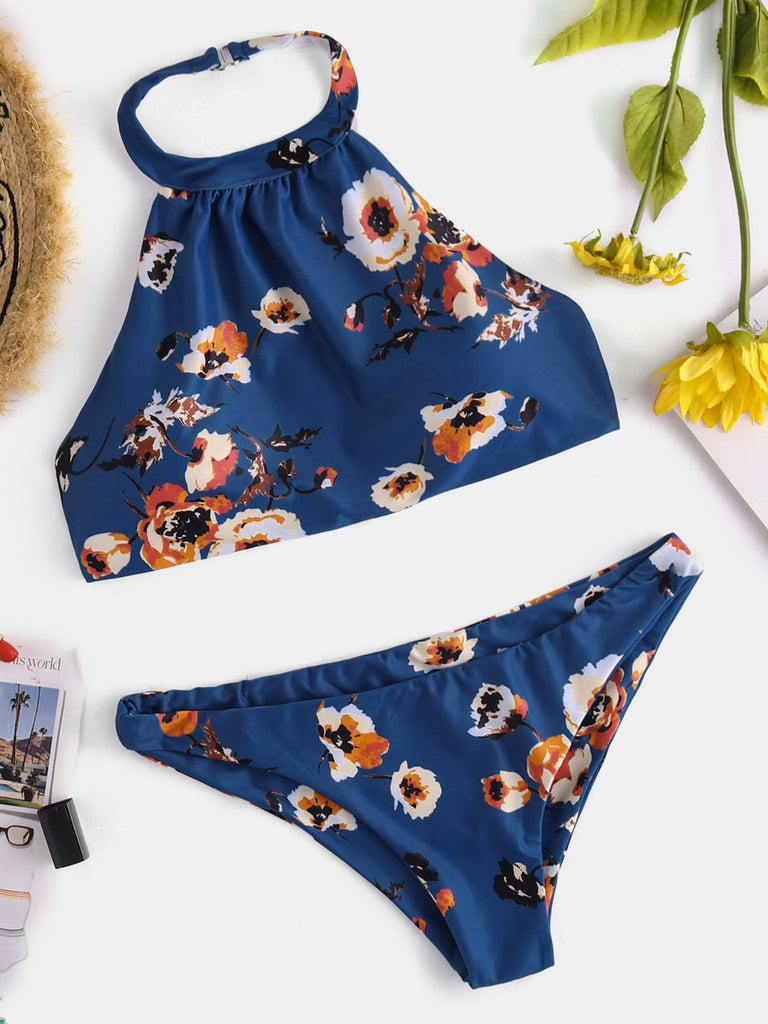 Choker Neck Floral Print Backless Sleeveless Dark Blue Bikinis
