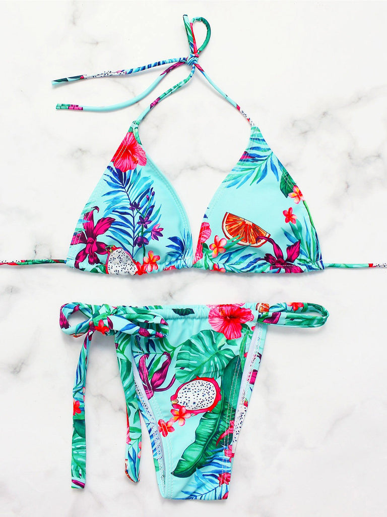 V-Neck Floral Print Lace-Up Two Piece Bikinis