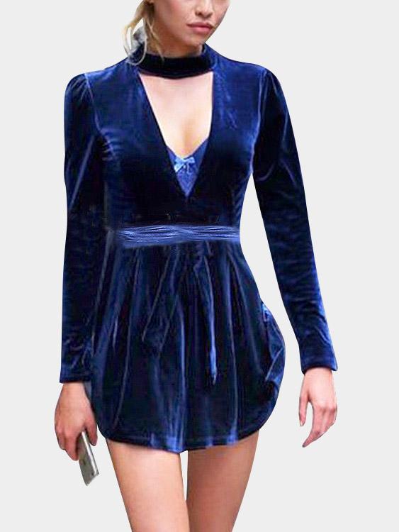Navy Long Sleeve Plain Mini Dresses