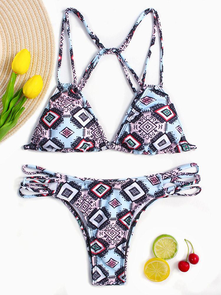 V-Neck Sleeveless Printed Lace-Up Tie-Up Stitching Hem Two Piece Bikinis
