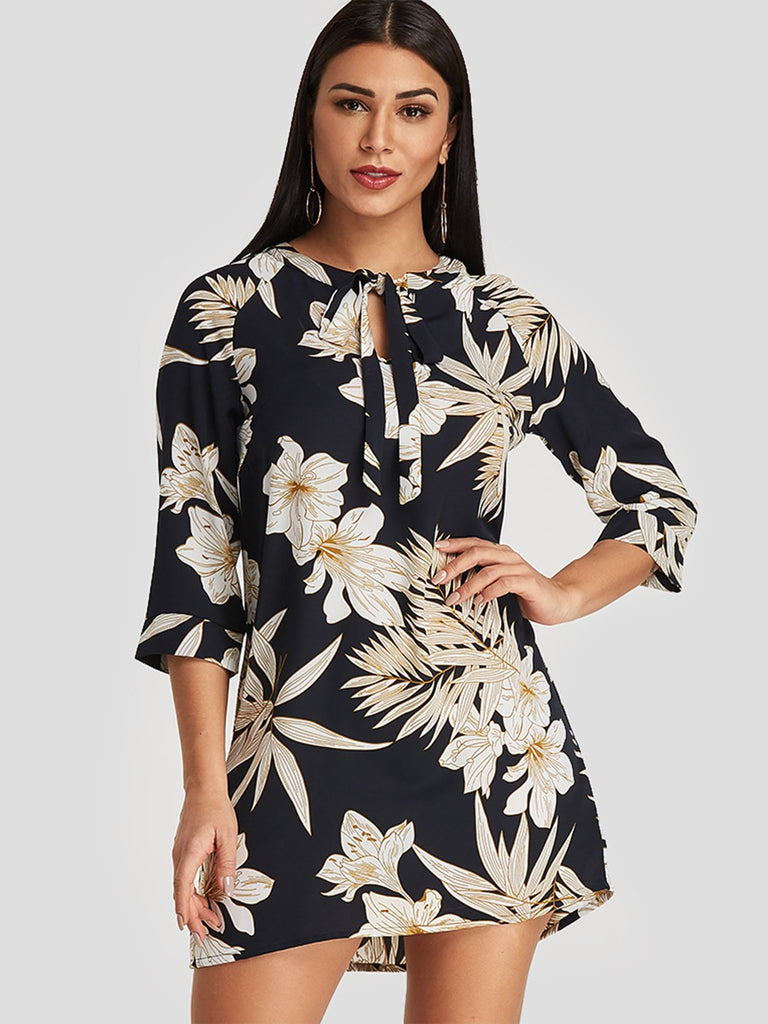 Dark Blue Round Neck 3/4 Length Sleeve Floral Print Dresses