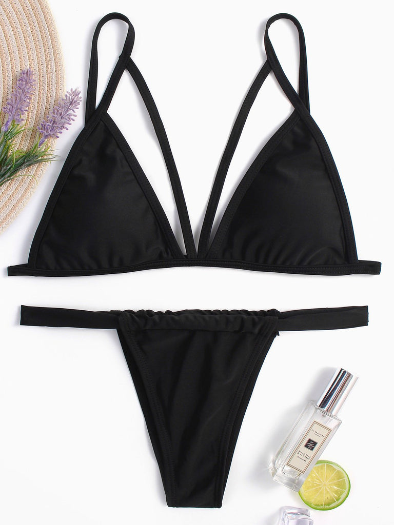Black V-Neck Sleeveless Plain Backless Cut Out Bikinis