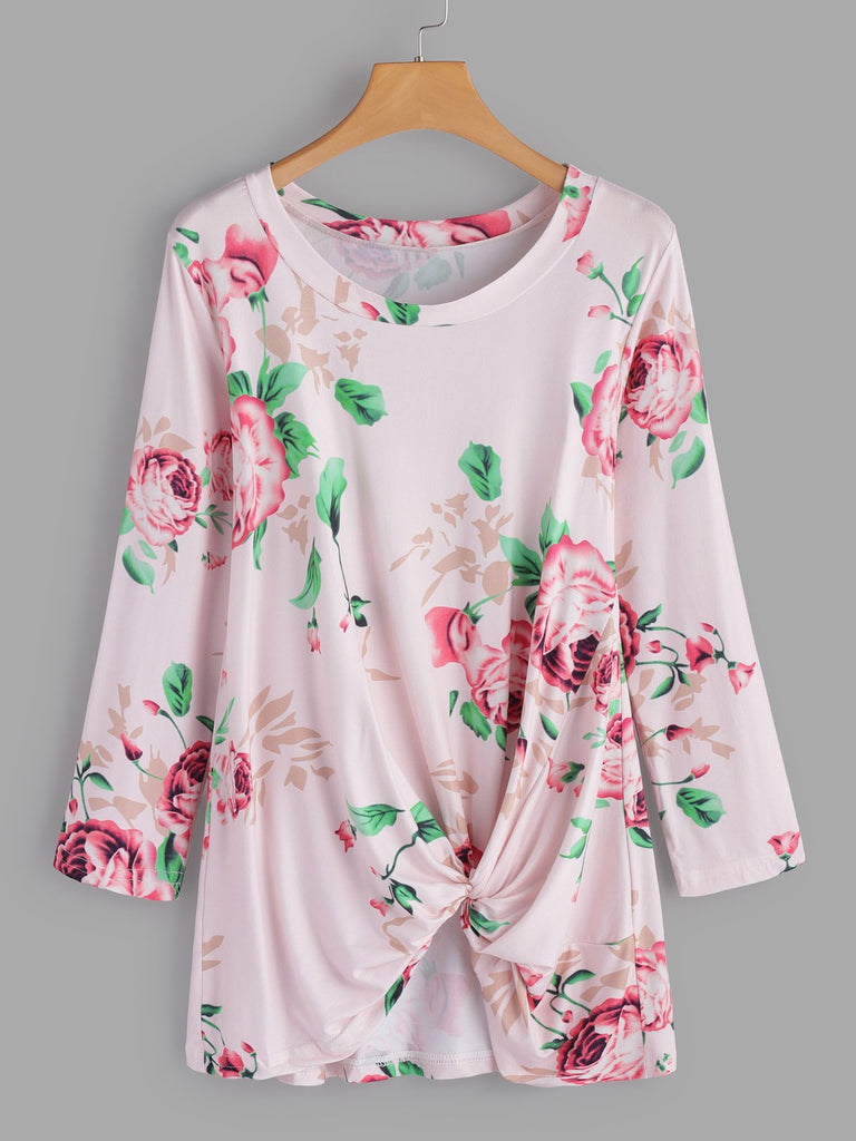Round Neck Floral Print Crossed Front Long Sleeve Irregular Hem T-Shirts