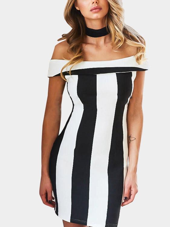 Off The Shoulder Stripe Zip Back Mini Dress