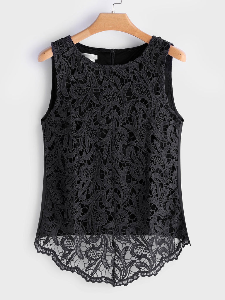 Round Neck Plain Lace Zip Back Hollow Sleeveless Irregular Hem Plus Size Tops
