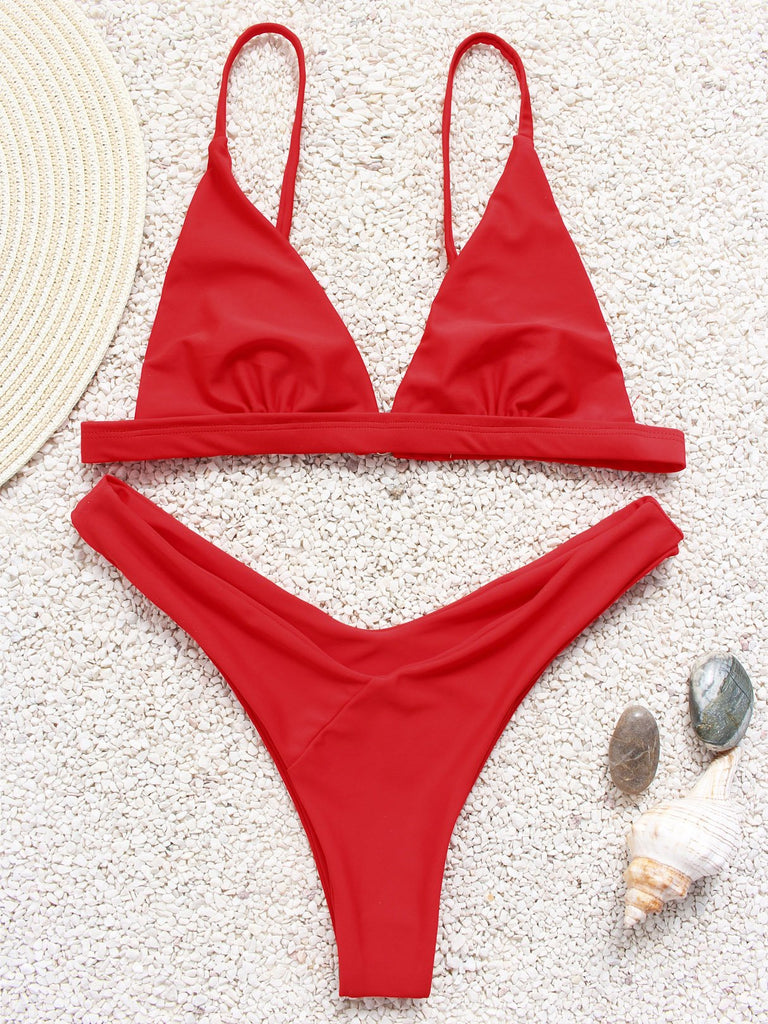 V-Neck Plain Sleeveless Red Bikini Set