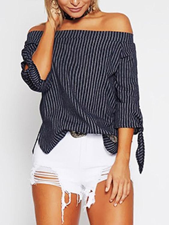 Off The Shoulder Stripe 3/4 Sleeve Navy Blouses