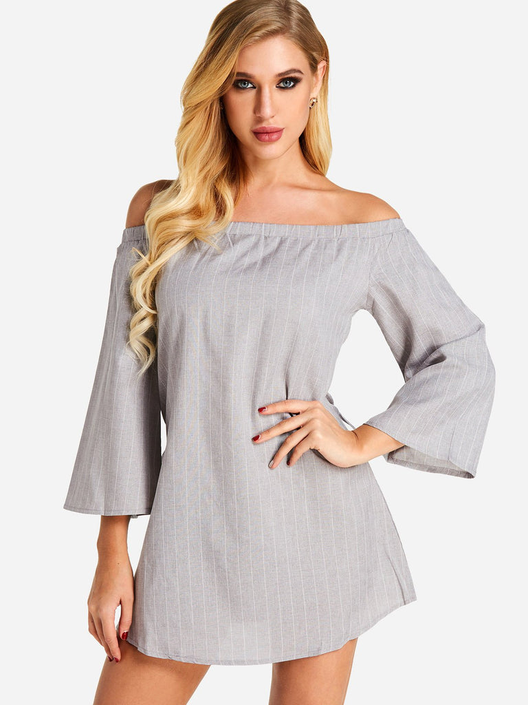 Off The Shoulder Long Sleeve Stripe Lace-Up Mini Dress