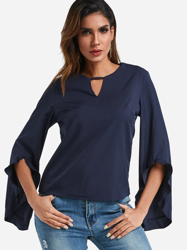 Crew Neck Plain Zip Back Cut Out Long Sleeve Navy Blouses