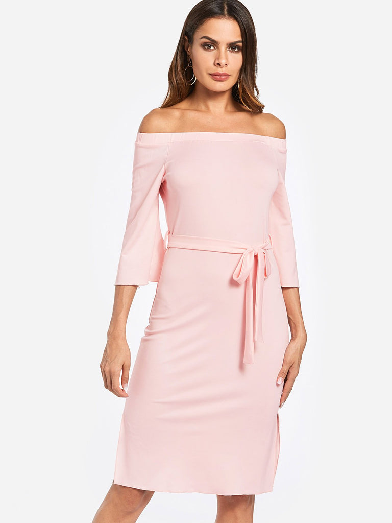 Pink Off The Shoulder 3/4 Sleeve Length Plain Self-Tie Slit Hem Dresses
