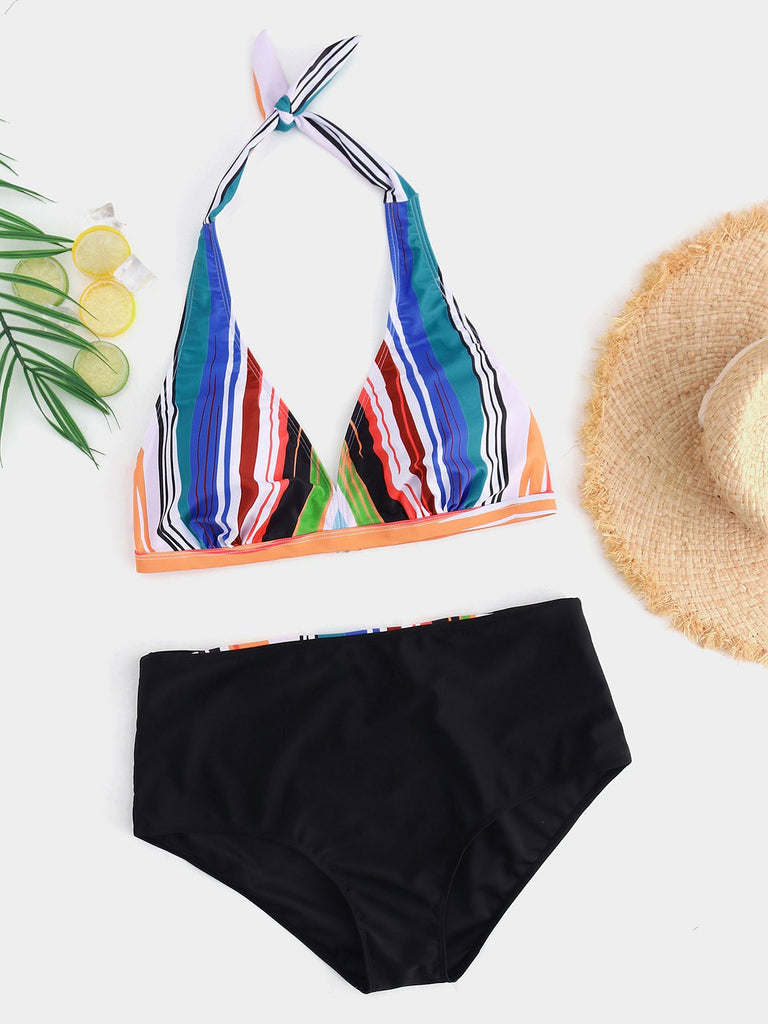 Halter Stripe Sleeveless Plus Size Swimwear