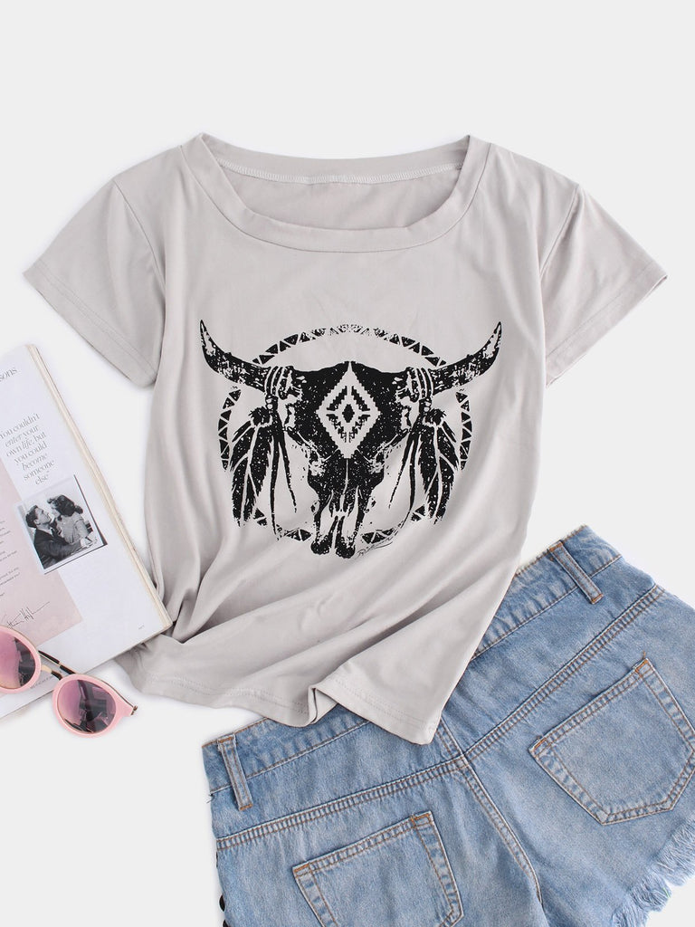 Round Neck Printed Short Sleeve Grey T-Shirts