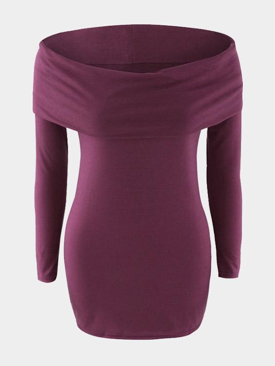 Burgundy Off The Shoulder Long Sleeve Plain Bodycon Hem Mini Dress